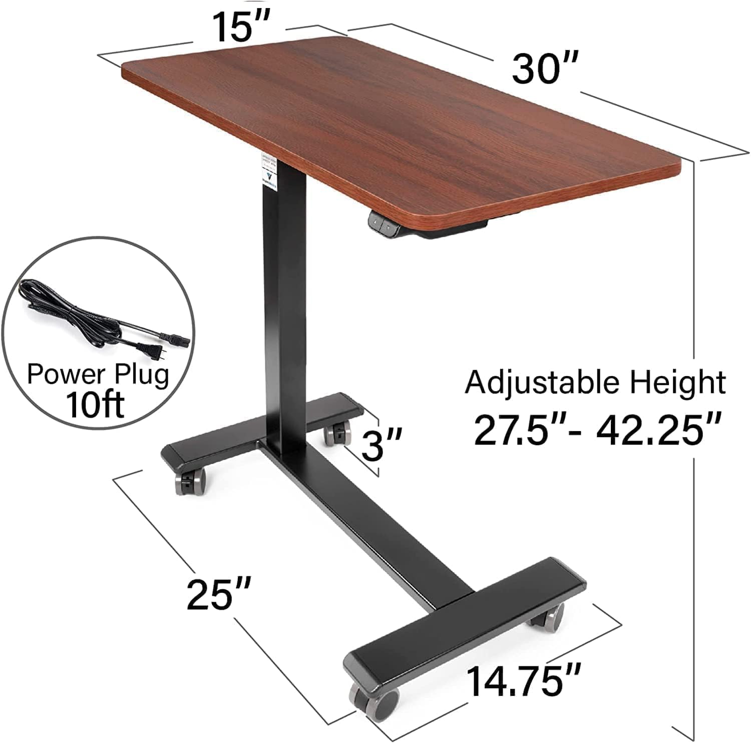 Vaunn FSA/HSA Eligible, Medical Electric Overbed Table Bedside Height Adjustable Table with Wheels (Electric-Powered, Hospital and Home Use) - Brown (Organic Modern)