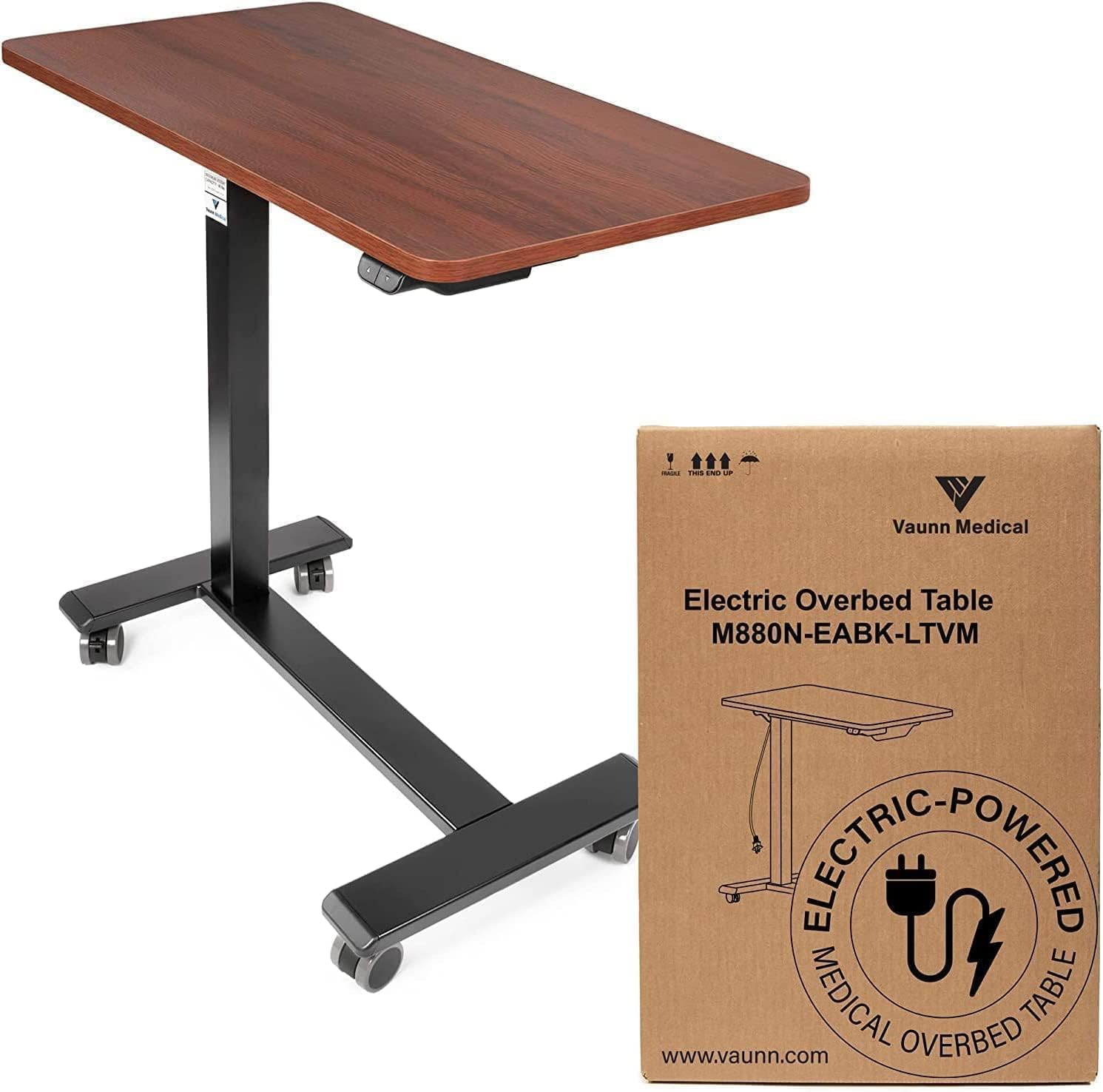 Vaunn FSA/HSA Eligible, Medical Electric Overbed Table Bedside Height Adjustable Table with Wheels (Electric-Powered, Hospital and Home Use) - Brown (Organic Modern)